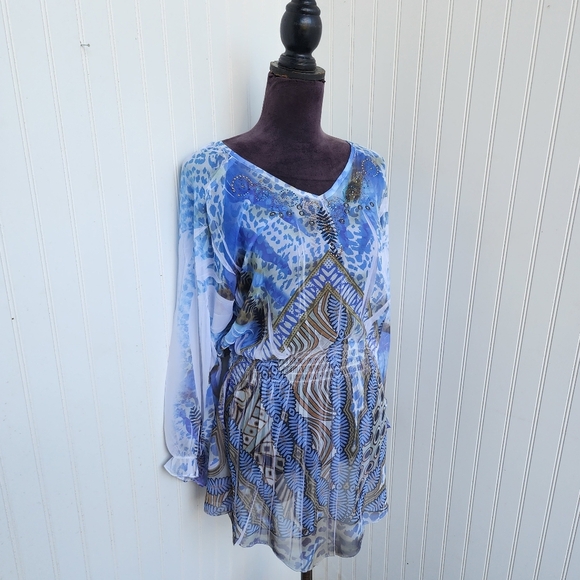 Daniel Benjamin Womens Sheer Tunic Top Smocked Beaded Boho Lightweight Blue Sz M - Picture 5 of 10